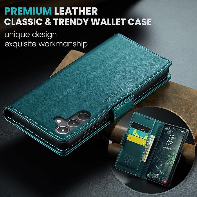 for Samsung Galaxy A35 5G Case, Premium PU Leather Wallet Case Flip Cover with [RFID Blocking][Card Holder][Stand Function] Shockproof Protective for Samsung Galaxy A35, Blue-Green