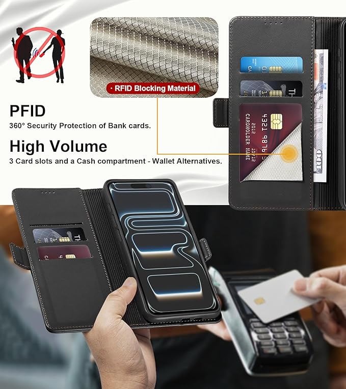 Wallet Flip Case for iPhone 17 Pro 5G - [RFID Blocking] Luxury PU Leather Card Holder Magnetic Phone Cover with Kickstand,Shockproof Protective Case,Black