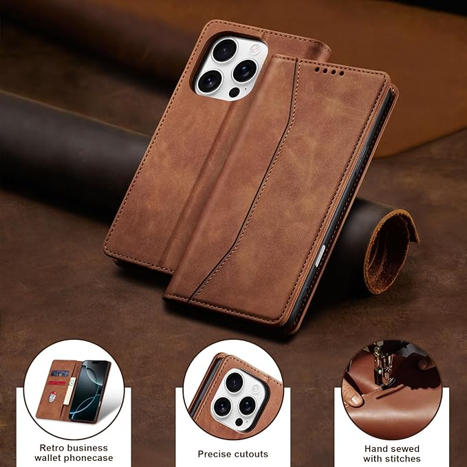 Jasonyu Flip Wallet Case for iPhone 16 Pro,Leather Magnetic Folio Cover with Card Holder,Kickstand - TPU Shockproof Durable Protective Phone Case,Brown