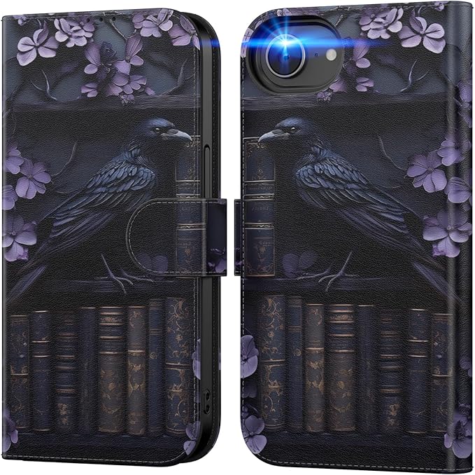 DEENAKIN for iPhone 16e Wallet Case with Card Holder + Cash Clip, RFID-Blocking, Military-Grade Drop Protection, Magnetic Closure with Leather Kickstand - Purple Floral & Raven