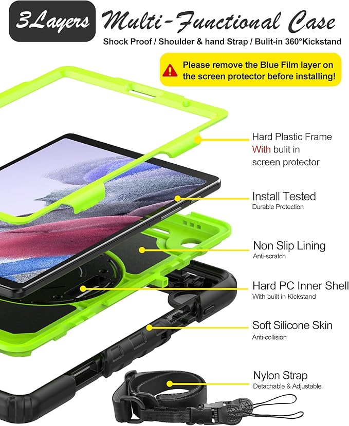 Case for Samsung Galaxy Tab A7 Lite 8.7-inch 2021 (SM-T220/T225), Protective with Screen Protector/Hand Strap/Pen Holder, Sturdy Shockproof for Samsung A7 Lite Tablet Case (Green)