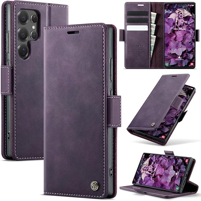 Wallet Case for Samsung Galaxy S22 Ultra Leather Wallet Flip Cover with Card Holder, Kickstand, Magnetic Closure, RFID Blocking TPU Shockproof Phone Case Compatible with S22 Ultra, Purple