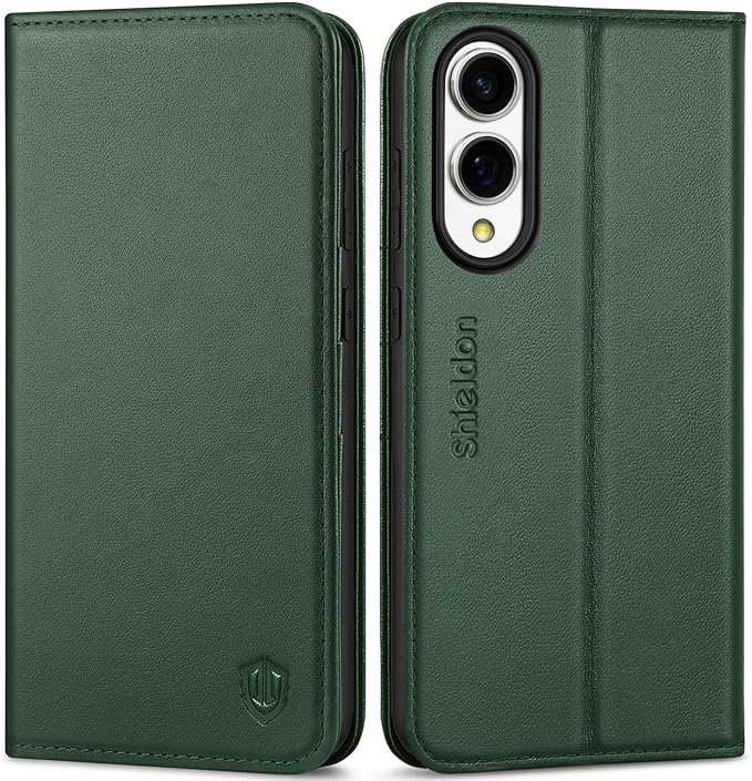 SHIELDON Case for Galaxy S25 Edge 5G 6.7", Genuine Leather Flip Wallet Kickstand RFID Blocking Credit Card Holder Magnetic Shock Absorbing Cover Compatible with Galaxy S25 Edge 2025 - Nappa Evergreen