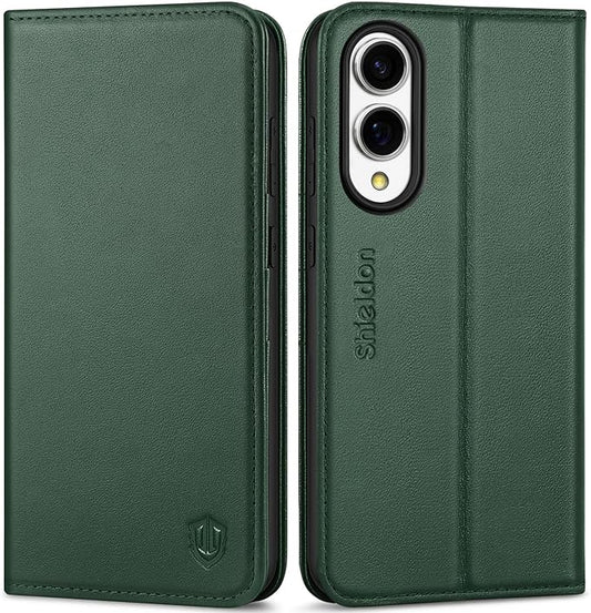 SHIELDON Case for Galaxy S25 Edge 5G 6.7", Genuine Leather Flip Wallet Kickstand RFID Blocking Credit Card Holder Magnetic Shock Absorbing Cover Compatible with Galaxy S25 Edge 2025 - Nappa Evergreen