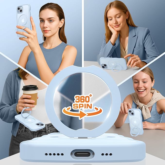 for iPhone 13 Case & iPhone 14 Case for Women,[Compatible with Magsafe][360° Spin Magnetic Stand][Cute Wave Edge][Military-Grade Protection]Translucent Matte Phone case for iPhone 13/14, Baby Blue