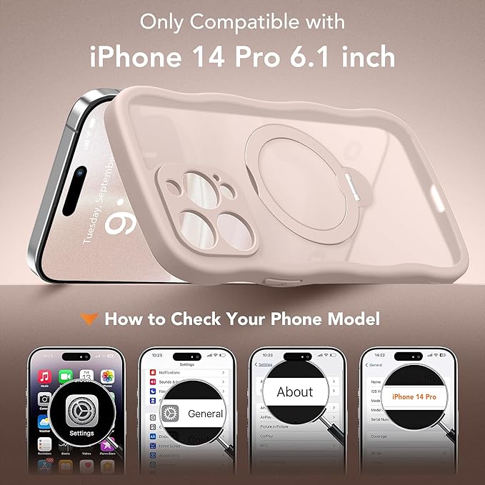 for iPhone 14 Pro Case for Women,[Compatible with Magsafe][360° Spin Magnetic Stand][Cute Wave Edge][Military-Grade Protection] Translucent Matte Phone Case for iPhone 14 Pro, Rose Gold