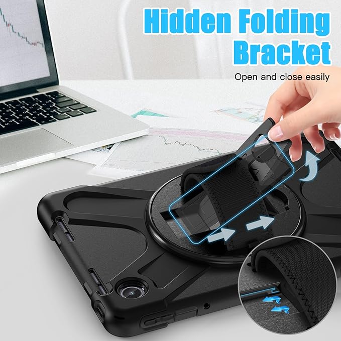 TSQQST Case for Lenovo Tab M11 (TB330FU/TB330XU) with Rotating Stand+Hand Strap | Military Grade Heavy Duty Rugged Protective Case for Tab K11 LTE 2024/ Lenovo Xiaoxin Pad 2024 (TB331FC) | Black