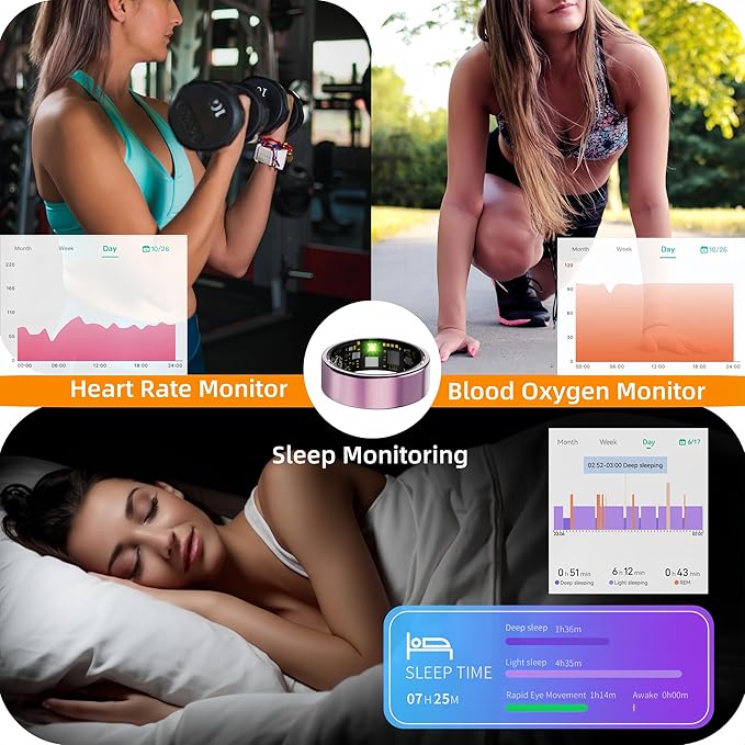 Smart Ring For Women Men, Health Tracker with Heart Rate/Blood Oxygen/Blood Pressure/Sleep Monitoring/Step Counting, IP68 Waterproof Fitness ring, No App Fees for iPhone & Android (Lavender Pink, 10#)