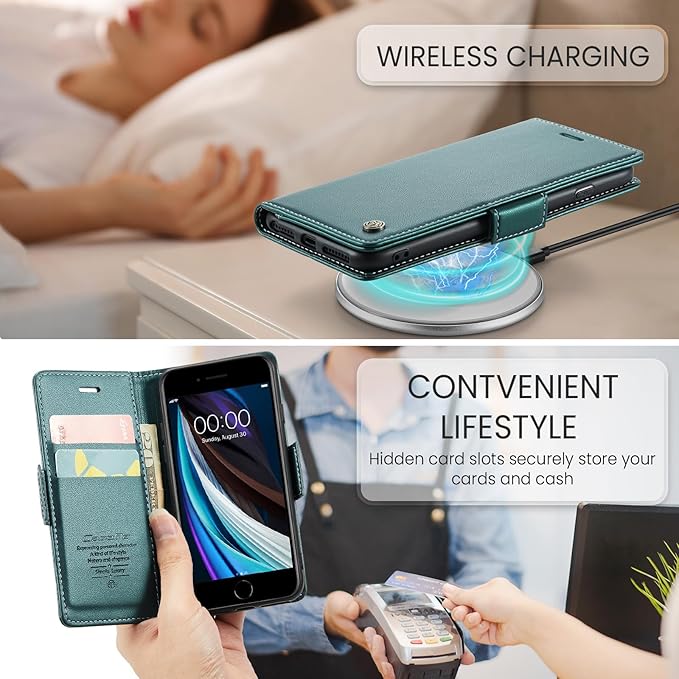 for iPhone SE 2022/3rd/2020/2rd,iPhone 8/7 Case, Premium PU Leather Wallet Case Flip Cover with [RFID Blocking][Card Holder] Protective for iPhone SE 2022/2020, iPhone 8/7, Blue-Green