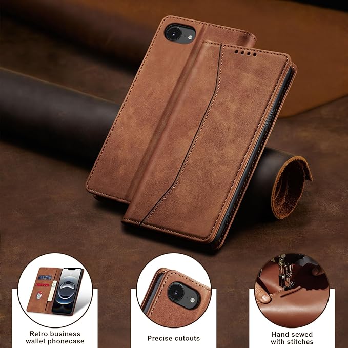 Jasonyu Flip Wallet Case for iPhone 16E,Leather Magnetic Folio Cover with Card Holder,Kickstand - TPU Shockproof Durable Protective Phone Case,Brown