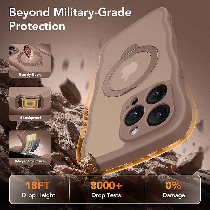 GolbinBox for iPhone 15 Pro Case,[Compatible with Magsafe][360°Magnetic Stand][Cute Wave Edge][18ft Military-Grade Protection] Translucent Matte Phone Women Case for iPhone 15 Pro, Brown