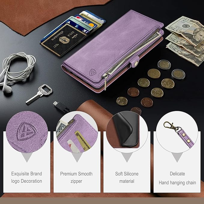 XcaseBar compatible with Samsung Galaxy S25 Wallet case with Zipper Credit Card Holder【RFID Blocking】,Flip Folio Book PU Leather Phone case Shockproof Cover Women Men for Samsung S25 case Lilac Purple