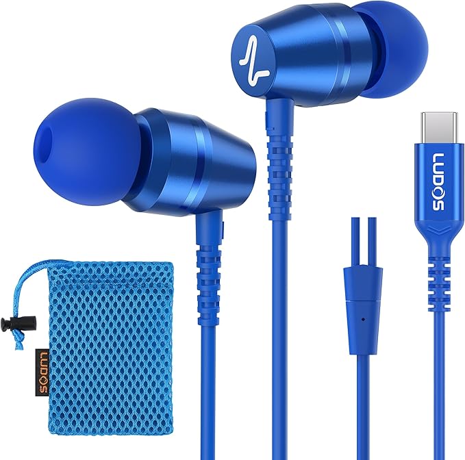 LUDOS OMNITONE USB C Headphones for iPhone 16 15 Pro Max Plus iPad Pro, 5 Years Warranty, USB-C Earbuds for Samsung Galaxy S24 S23 Ultra S22 S21 S20 A55 A54 A53, USB Type C Earphones - Blue