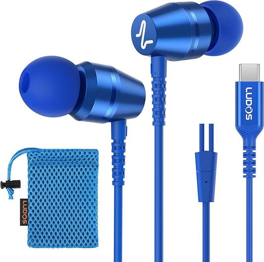 LUDOS OMNITONE USB C Headphones for iPhone 16 15 Pro Max Plus iPad Pro, 5 Years Warranty, USB-C Earbuds for Samsung Galaxy S24 S23 Ultra S22 S21 S20 A55 A54 A53, USB Type C Earphones - Blue