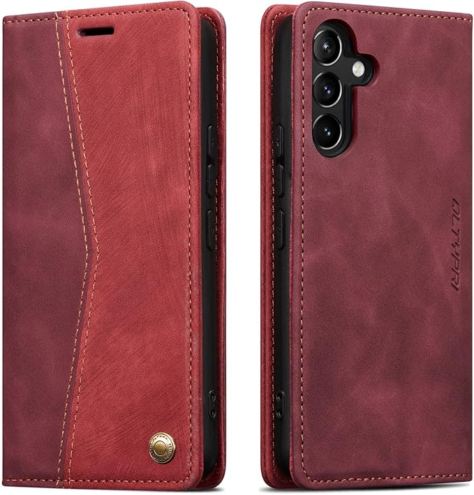 QLTYPRI Wallet Case for Samsung Galaxy S24, Vintage Folio PU Leather Purse Case with Card Slots Magnetic Closure Kickstand Flip Crashproof Phone Cover for Samsumg Galaxy S24 - Wine Red