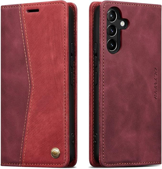 QLTYPRI Wallet Case for Samsung Galaxy S24, Vintage Folio PU Leather Purse Case with Card Slots Magnetic Closure Kickstand Flip Crashproof Phone Cover for Samsumg Galaxy S24 - Wine Red