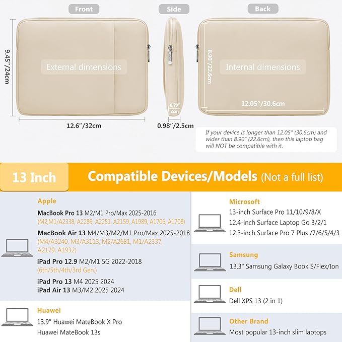 HYZUO 13 Inch Laptop Sleeve Bag Set for MacBook Air 13 M4/M3/M2/M1 2025-2018, MacBook Pro 13 M2/M1 2025-2016, iPad Pro/Air 13, XPS 13, Surface Pro, Notebook Case for 12"-13" Tablet, Sand