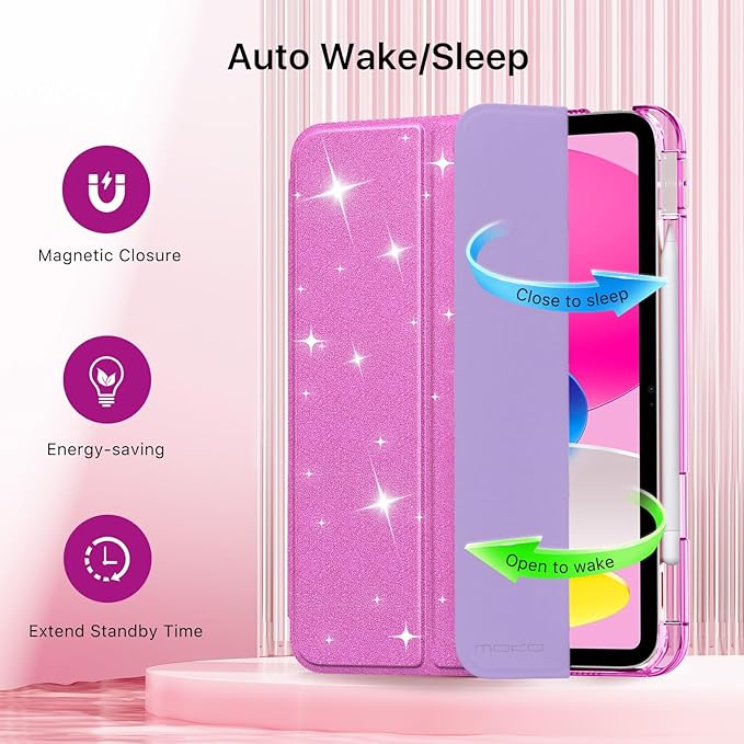 MoKo for iPad (A16) 11th Generation Case 11 Inch 2025, iPad 10th Gen Case 10.9 Inch 2022 with Pencil Holder, Slim Light Trifold Protective Cover with Hard PC Translucent Back Shell, Glitter Purple