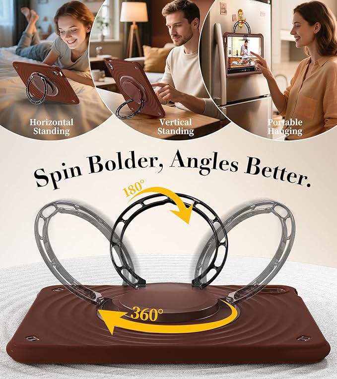 BRAECN Ripple Case for iPad (A16)11th/10th Generation 11/10.9 inch 2025/2022 Zinc Alloy Handle Ring Stand Protective Heavy Duty Screen Protector 360°Rotating 180°Folding Shoulder Strap Full-Body Cover