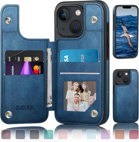DJDUCK Designed for iPhone 14 Case Wallet with Card Holder, [Magnetic Clasp Cover] [RFID Blocking Leather Protection] Shockproof Women Men Cases 6.1 Inch for Apple 14 Bright Blue