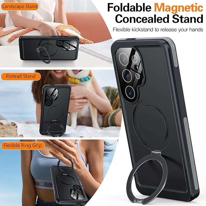 Magnetic & Stand for Samsung Galaxy S25 Ultra Case Waterproof[Built-in Screen Protector][Fit for Magsafe][Invisible Kickstand] 360° Full Body Sealed Protective Dustproof Shockproof Case Black