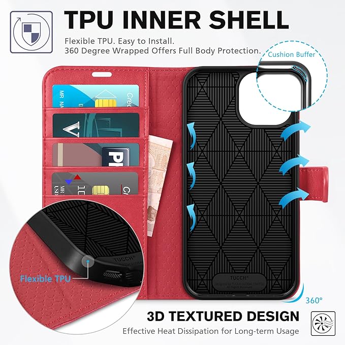 TUCCH Wallet Case for iPhone 15 6.1", [RFID Blocking] [4 Card Slots] TPU Interior Protective Case, Magnetic Closure Folio Shockproof PU Leather Stand Flip Cover Compatible with iPhone 15 5G 2023, Red