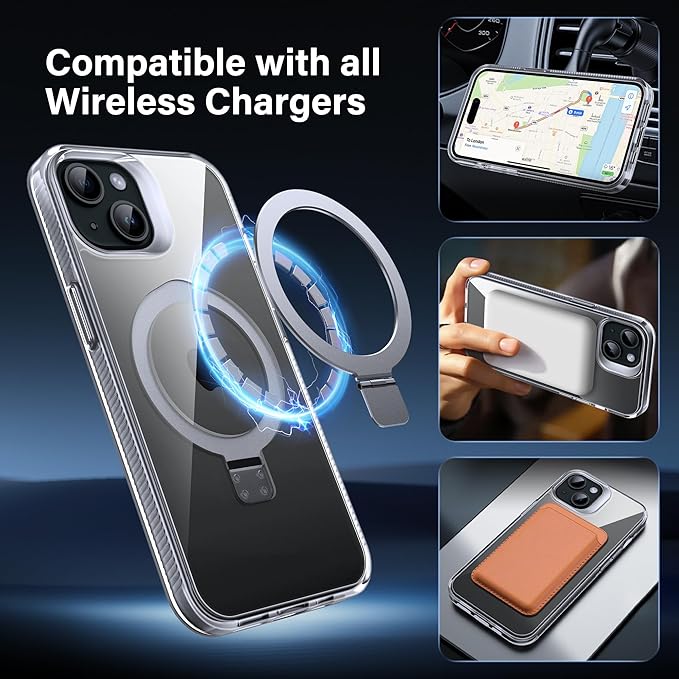 Magnetic Case for iPhone 15 - [Built-in Invisible Stand] [Compatible with MagSafe] [Military Grade Drop Protection] Anti-Yellowing Hard Back Silicone Edge Cover, 6.1", Clear