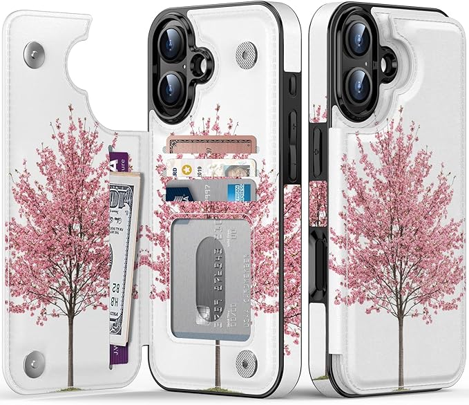 FUNMIKO for iPhone 16 Plus Wallet Case with Card Holder, RFID-Blocking, Military-Grade Protection & UV-Printed Artwork, Magnetic Closure with Leather Kickstand - Blooming Cherry Tree