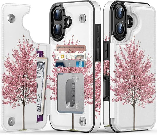 FUNMIKO for iPhone 16 Plus Wallet Case with Card Holder, RFID-Blocking, Military-Grade Protection & UV-Printed Artwork, Magnetic Closure with Leather Kickstand - Blooming Cherry Tree