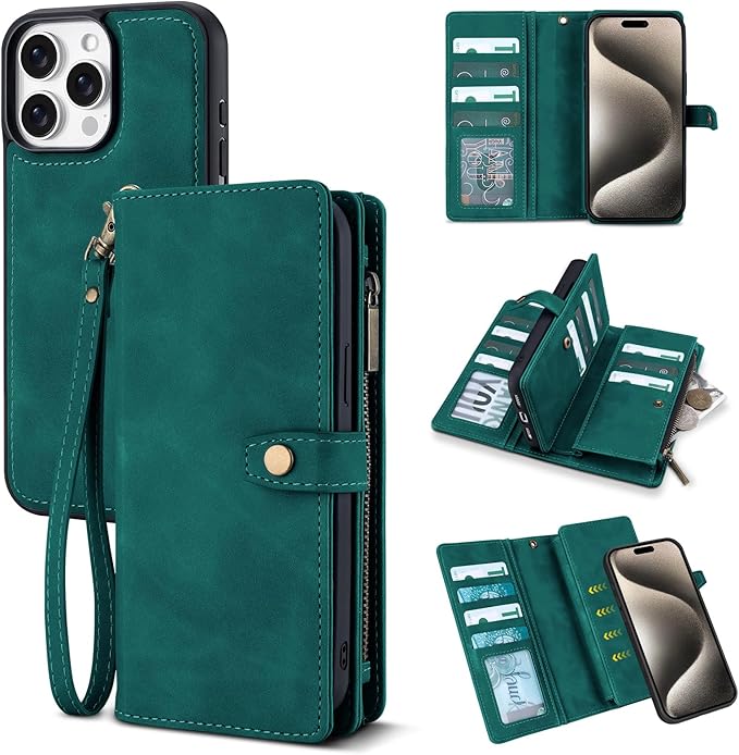 TwoHead Wallet Case Compatible with iPhone 15 Pro Max,Detachable Magnetic Phone Case,All-Round Shockproof Protective Leather Phone Case with Card Holder,6.7 in,Green