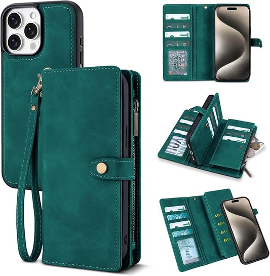 TwoHead Wallet Case Compatible with iPhone 15 Pro Max,Detachable Magnetic Phone Case,All-Round Shockproof Protective Leather Phone Case with Card Holder,6.7 in,Green