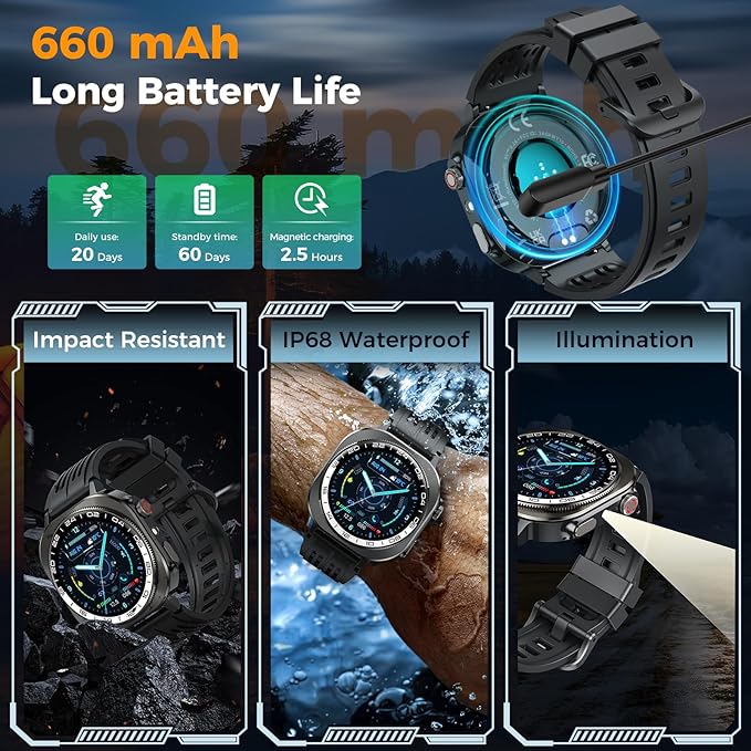 Military Smart Watch, 2025 AMOLED 3D 1.43" Smartwatch for Men Women (Answer/Make Call), 60 Days/Flashlight/130+ Sports, Heart Rate/Sleep Monitor, IP68 Waterproof Fitness Activity Tracker Android iOS