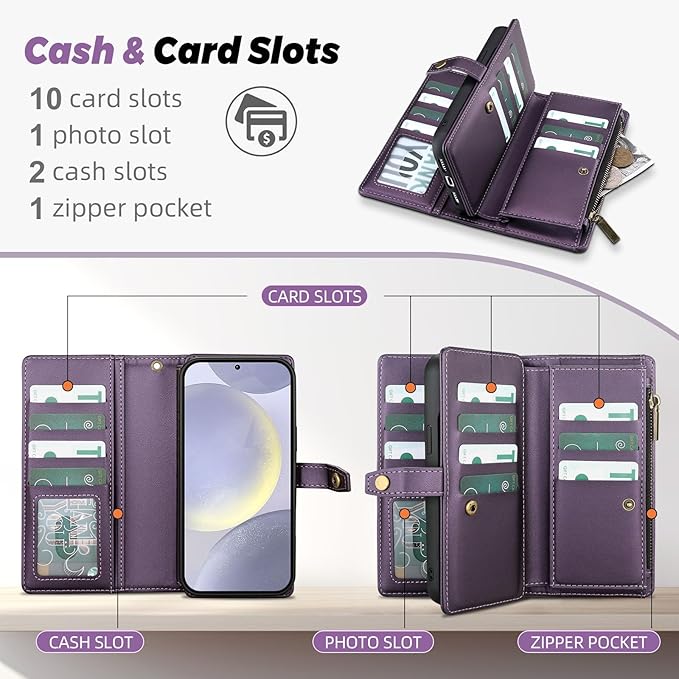 TwoHead for Samsung Galaxy S24 Plus Wallet Case with Card Holder,Detachable Magnetic Phone Case for Galaxy S24 Plus,PU Leather All-Round Protective Phone Cover Wallet with Strap(6.6 in,Deep Purple)