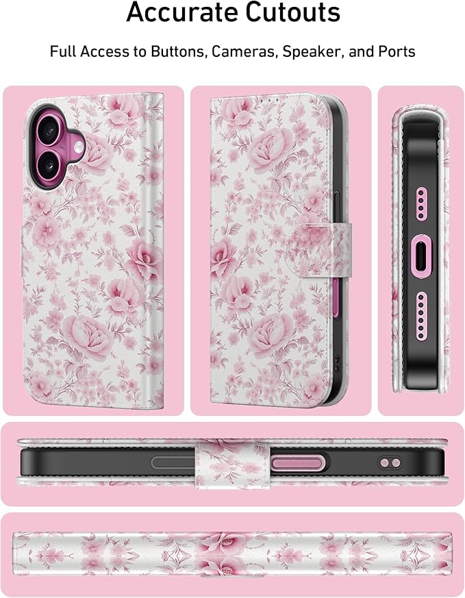 DEENAKIN for iPhone 16 Plus Wallet Case with Card Holder + Cash Clip, RFID-Blocking, Military-Grade Drop Protection, Magnetic Closure with Leather Kickstand - Blooming Pink Roses