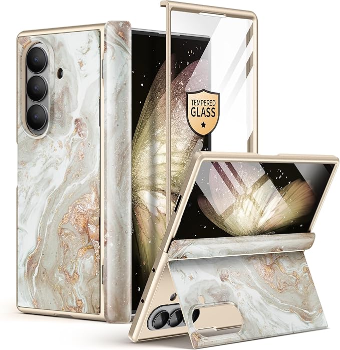 GVIEWIN for Samsung Galaxy Z Fold 7 Case Built-in HD Screen Protector [Compatible with Magsafe][Hidden Kickstand] Magnetic Full-Body Hinge Protection Slim Phone Case for Z Fold 7, Pearlescent/Gold