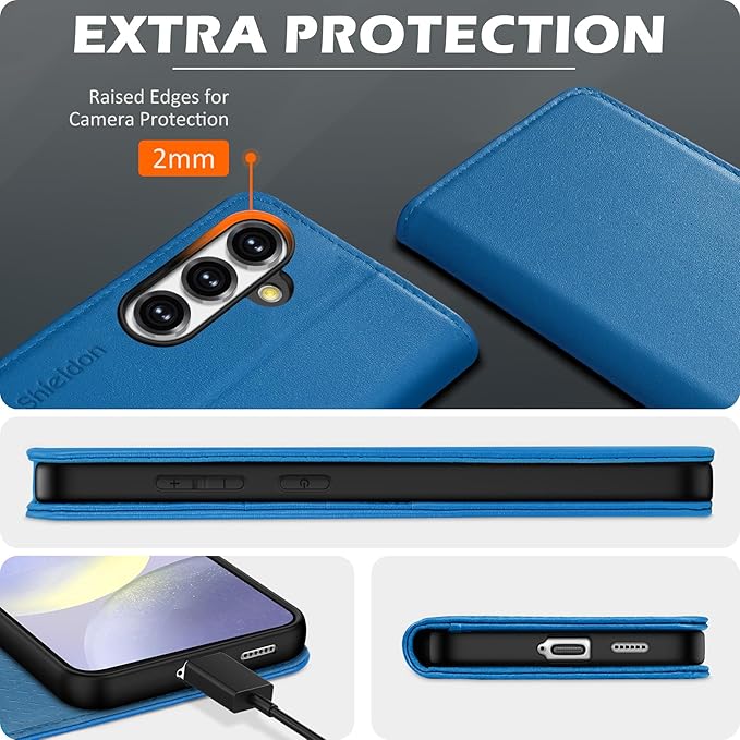 SHIELDON Case for Galaxy S25 6.2", Genuine Leather Wallet RFID Blocking Credit Card Holder Kickstand Magnetic Shock Absorbing Protective Case Compatible with Galaxy S25 2025 - Nappa Sapphire Blue
