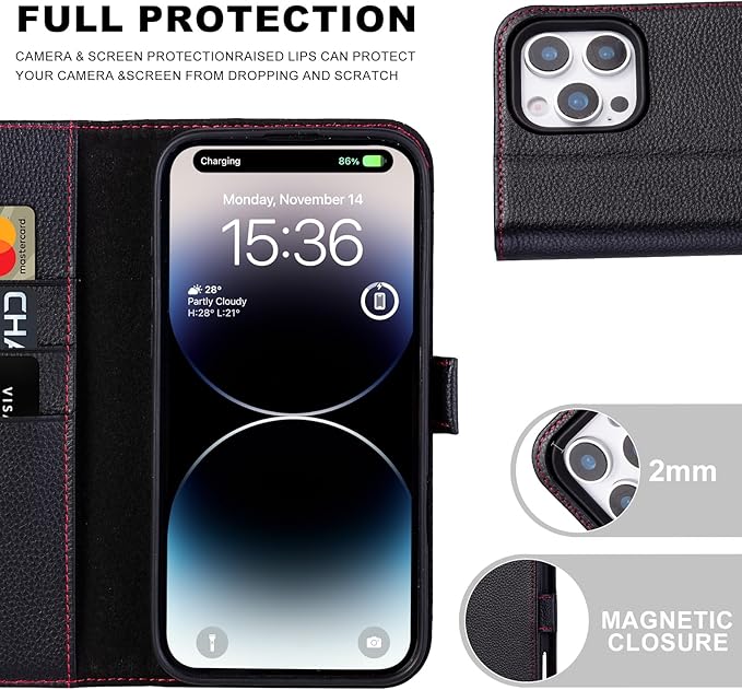 Case for iPhone 16 Pro 6.3" 2024-Genuine Leather Folio Magnetic Closure RFID Blocking Card Holder Kickstand Full Protection Phone Case Compatible with iPhone 16 Pro (Black)