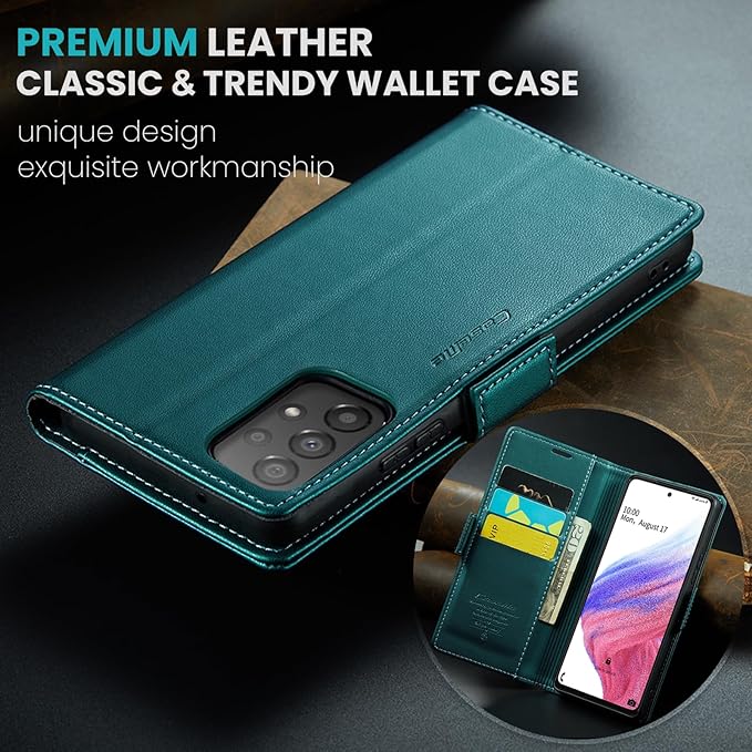 for Samsung Galaxy A53 5G Case, Premium PU Leather Wallet Case Flip Cover with [RFID Blocking][Card Holder][Stand Function] Shockproof Protective for Samsung Galaxy A53, Blue-Green