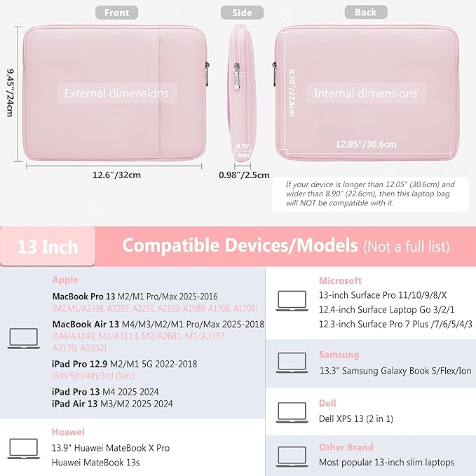 HYZUO 13 Inch Laptop Sleeve Bag Set for MacBook Air 13 M4/M3/M2/M1 2025-2018, MacBook Pro 13 M2/M1 2025-2016, iPad Pro/Air 13, XPS 13, Surface Pro, Notebook Case for 12"-13" Tablet, Pale Pink