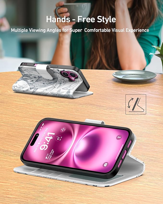 DEENAKIN for iPhone 16 Plus Wallet Case with Card Holder + Cash Clip, RFID-Blocking, Military-Grade Drop Protection, Magnetic Closure with Leather Kickstand - Dynamic Marine Life