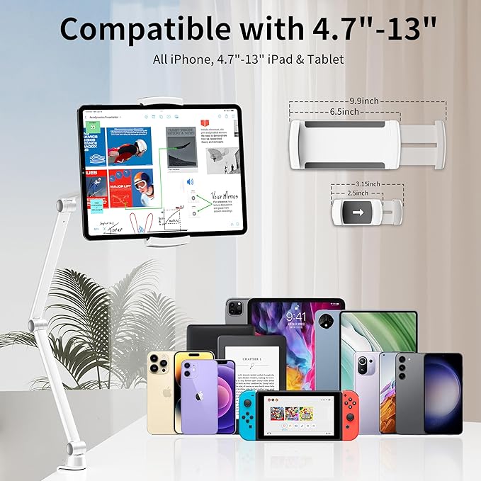 LULULOOK iPad Stand, Aluminum Alloy Mount - Adjustable for Desk, Compatible with iPad Pro 12.9, Mini, Galaxy Tabs, iPhone 16 Pro Max, Kindle, Tablet 4.7"-13" (2 Clips)