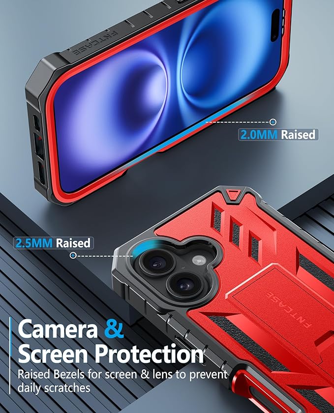 FNTCASE for iPhone 16 Phone Case: for iPhone 16 case with Kickstand Shockproof Military Grade Protective Cover - Dual Layer Full Protection Sturdy Matte Textured Drop Proof - 6.1 Inch Red