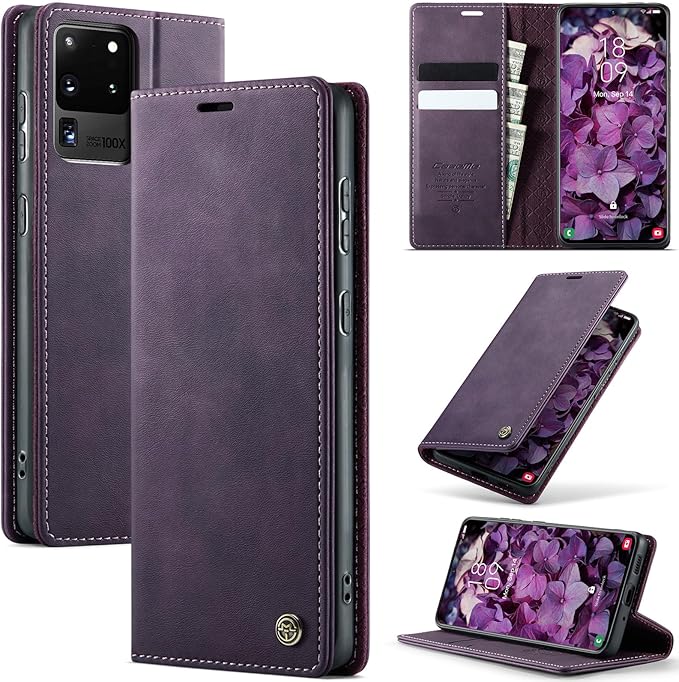 Wallet Case for Samsung Galaxy S20 Ultra Leather Wallet Flip Cover with Card Holder, Kickstand, Magnetic Closure, RFID Blocking TPU Shockproof Phone Case Compatible with S20 Ultra, Purple