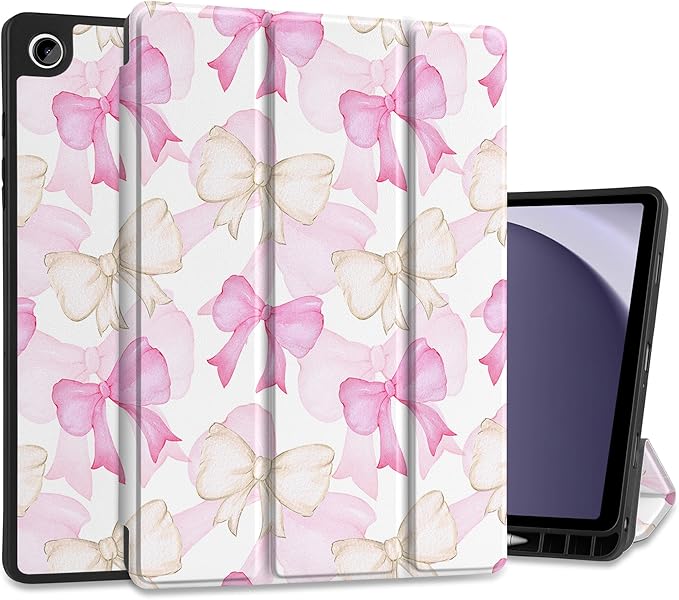 MEEgoodo Case for Samsung Galaxy Tab A9 Plus 11 inch Cover 2024 2023 with S Pen Holder, A9+ Smart Tablet Cases with Leather Trifold Stand+Soft TPU Back Shell+Smart Auto Wake/Sleep, White & Pink Bows