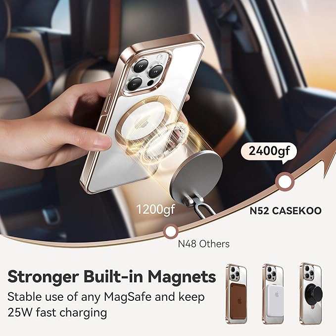 CASEKOO Desert Titanium 360° Polished for iPhone 15 Pro Case with Spin Magnetic Stand [Compatible with Magsafe][16FT Military Protection] Clear Back for 15 Pro Case Ring Kickstand 6.1'', Rose Gold