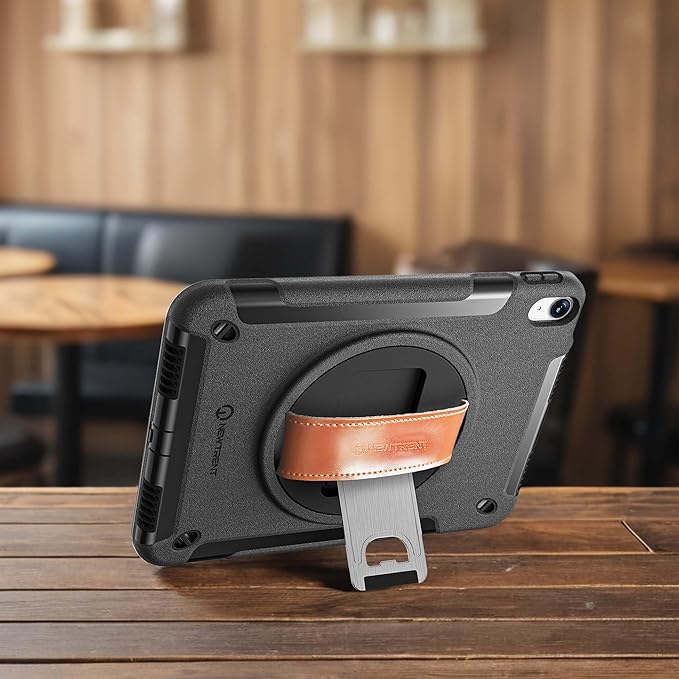 Original Rugged iPad Case for iPad 11 (A16) 11-inch (2025) & iPad 10th Gen 10.9-inch (2022) | 360° Rotating Kickstand, Genuine Leather Hand Strap, Built-in Screen Protector (Black 10 Pcs)