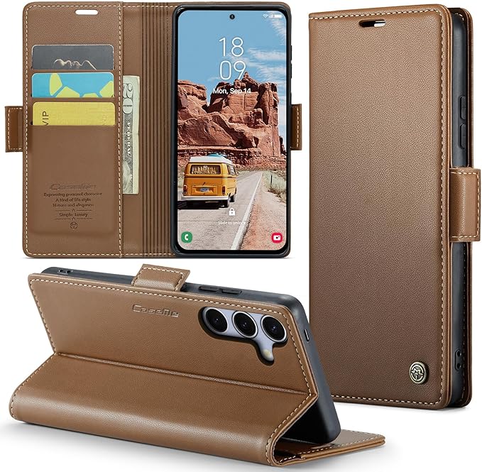 for Samsung Galaxy S25 Case, Premium PU Leather Wallet Case Flip Cover with [RFID Blocking][Card Holder][Stand Function] Shockproof Protective for Samsung Galaxy S25, Brown