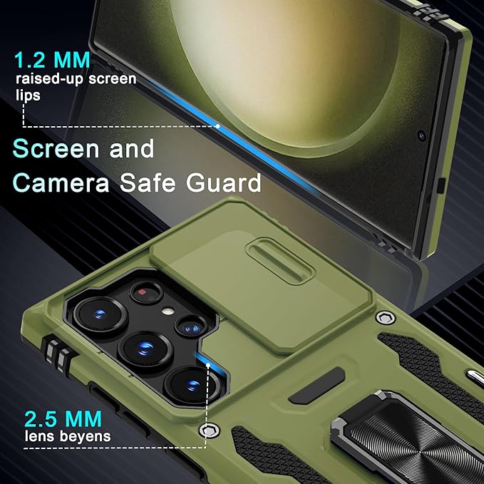 DEERLAMN Case for Samsung Galaxy S25 Ultra with Slide Camera Cover+Screen Protector (1 Pack), Rotated Ring Kickstand Military Grade Shockproof Protective Cover-Olive Green