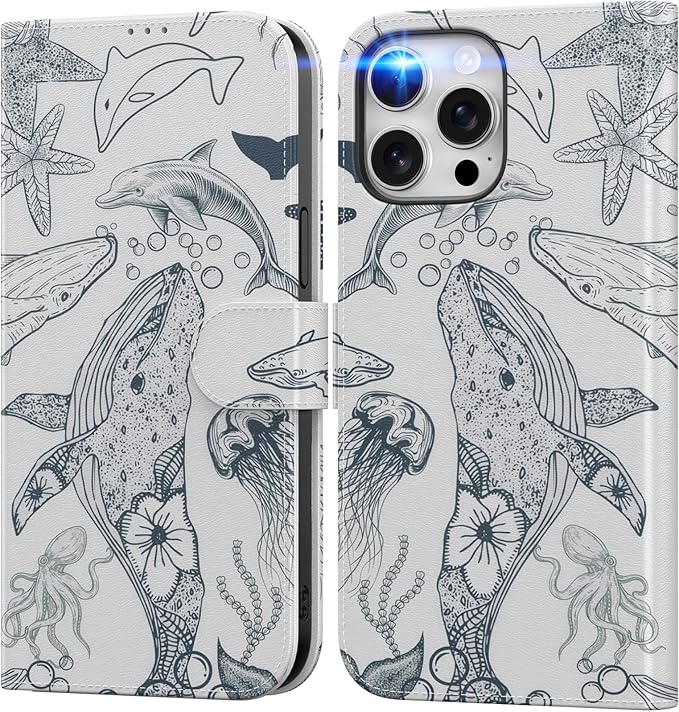 DEENAKIN for iPhone 15 Pro Max Wallet Case with Card Holder + Cash Clip, RFID-Blocking, Military-Grade Drop Protection, Magnetic Closure with Leather Kickstand - Dynamic Marine Life