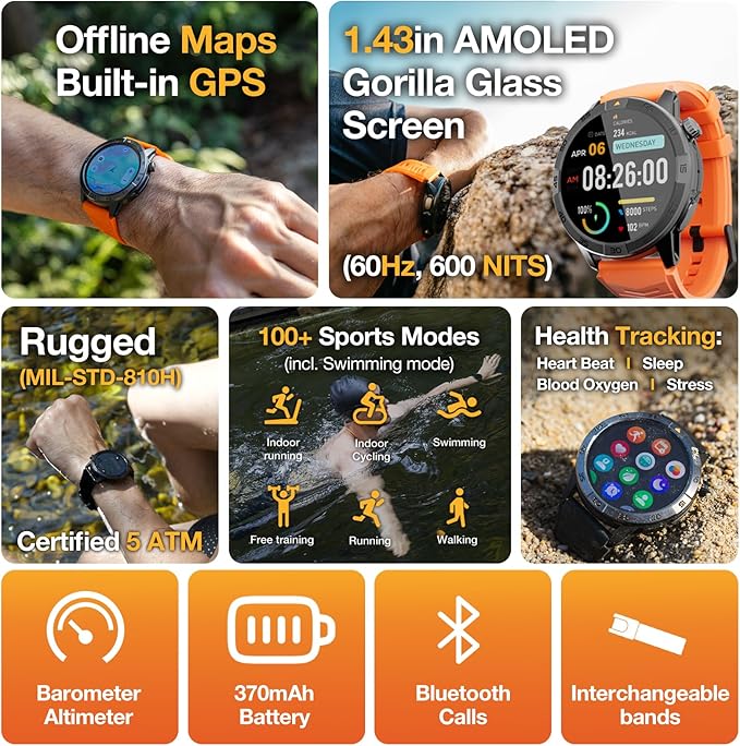 AGM Legion Pro Smart Watch with Offline Maps, Bluetooth Calling, AMOLED Gorilla Glass Display, Advanced Health Tracking, Gyroscope, DIY Dial, 5 ATM & IP69 Multisport GPS Fitness Watch, 2 Stylish Bands